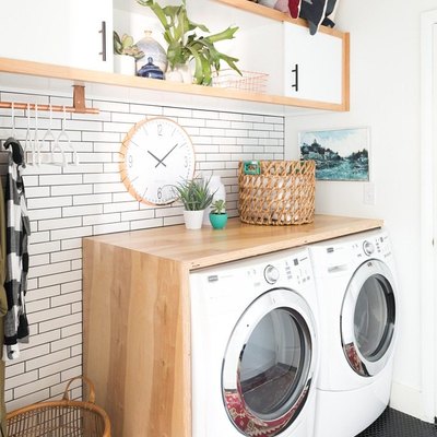 Budget-Friendly Small Laundry Room Ideas in boho laundry room with DIY stacked plywood countertop