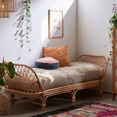 Small Space Daybed Ideas with Rattan daybed, pillows, plants, art, rug.