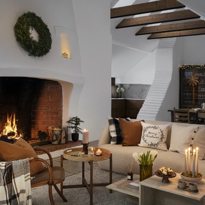 living room with fireplace and holiday decor