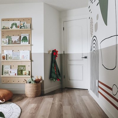 Playroom Organization Ideas with wall mural and pegboard