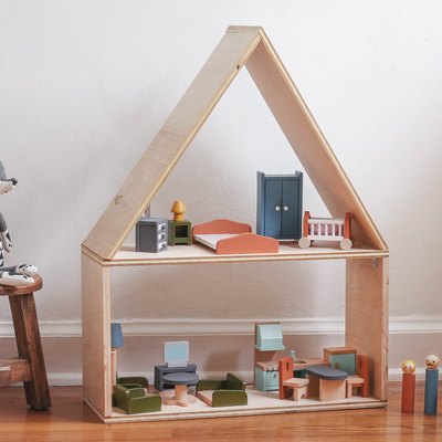 DIY wooden dollhouse with wooden dolls and colorful furniture