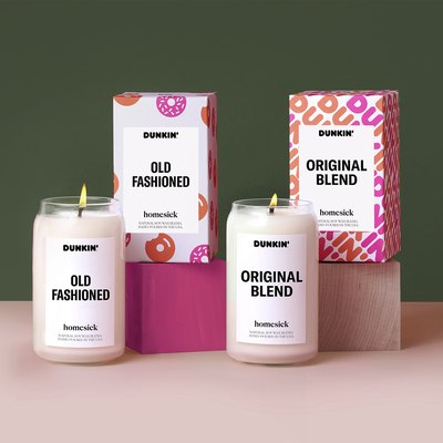 homesick dunkin' candle collection featuring old fashioned and original blend