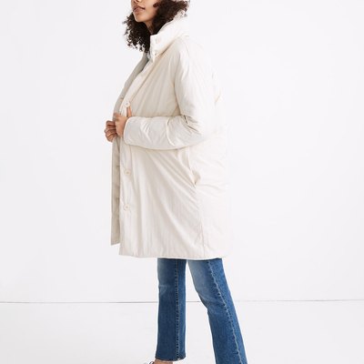 woman wearing off white Madewell x Buffy puffer coat