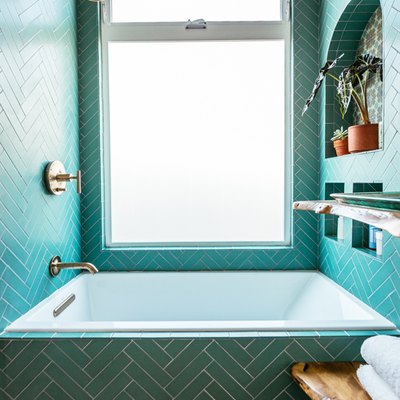 bohemian shower idea with chevron tile in aqua color