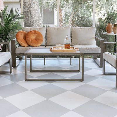 DIY painted gray and white checkerboard floor in sunroom