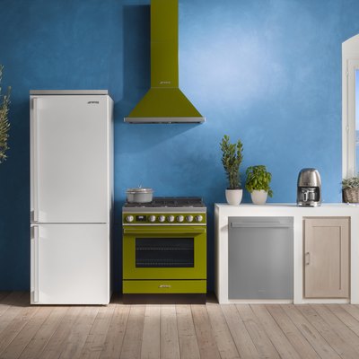 kitchen with blue wall and appliances in white and green