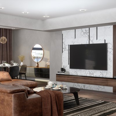 Luxury living room with leather sectional, TV, and dining table.