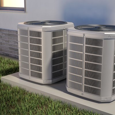Air heat pumps and house, 3D illustration