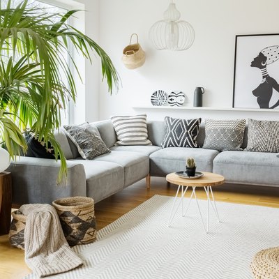 Plant next to grey corner sofa in african living room interior with poster and pouf. Real photo