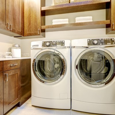 Laundry room with modern appliances.