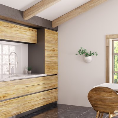 Modern interior design of wooden kitchen with window 3d rendering