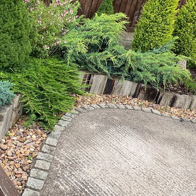 Curved concrete driveway bordered by pavers, gravel mulch and raised-bed timber-blocked edge planted with dwarf conifers.