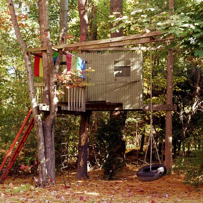 Treehouse in backyard with swing, autumn