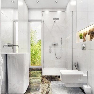 Modern white bathroom with toilet, sink, shower and window.