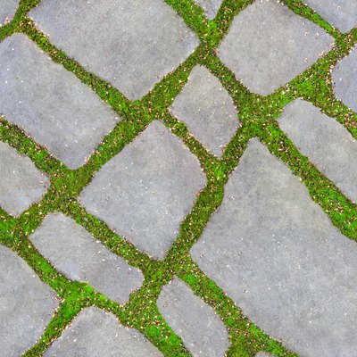 Seamless texture of green grass between stones
