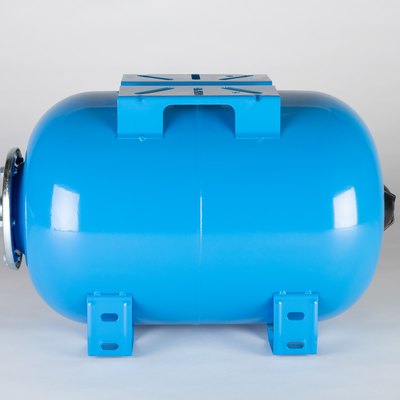 Blue horizontal pressure tank on a grey background.