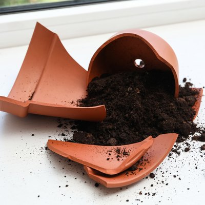 Broken terracotta flower pot with soil on white windowsill indoors