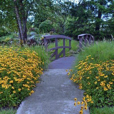 Walking path with flowers and bridge, Hamilton County, Indiana.