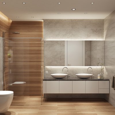 Modern contemporary bathroom with two sinks and large mirror.