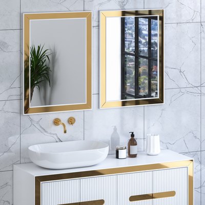 Close up of luxury sink with square mirrors are hanging in on white marble wall,