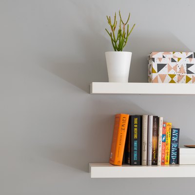 Modern Floating Bookshelves With Books, a Plant ,and Decorative Box