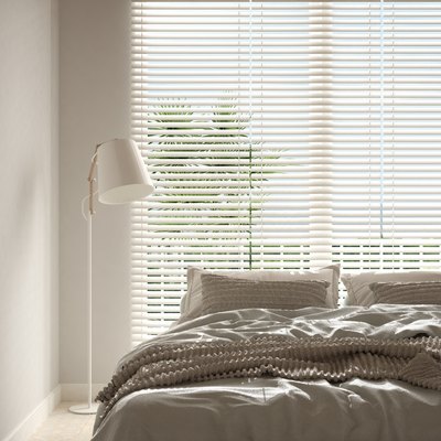 Bedroom in beige tones,  floor lamps, large window with blinds, modern interior design