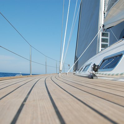 View along teak deck on a sailboat
