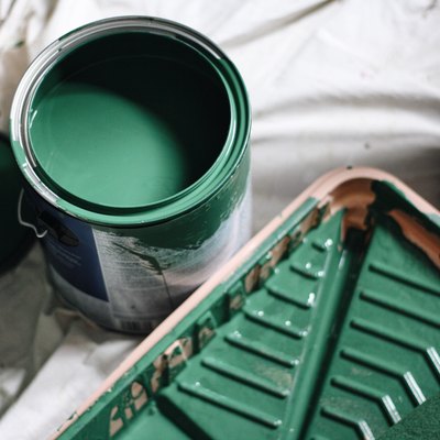 High Angle View Of Green Paint Can At Home