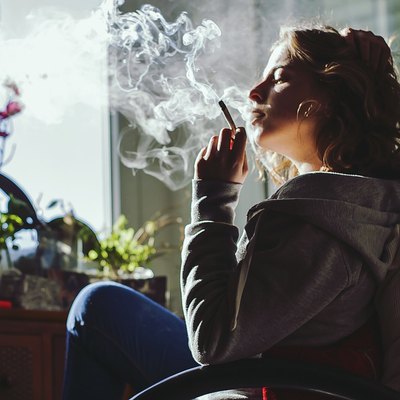 Side View Of Woman Smoking A Cigarette At Home