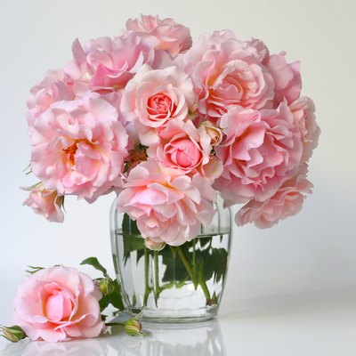 Bouquet of pink roses in a  vase. Romantic floral decoration.