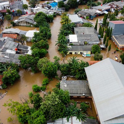 Aerial POV view Depiction of flooding. devastation wrought after massive natural disasters