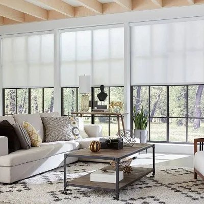 A bright living area with roller shades put halfway down on the windows