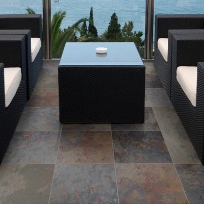 Slate Field Tile Floor on Terrace With Water View