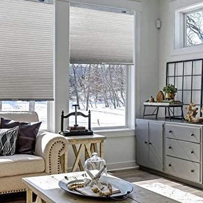 Beige and Gray Living Room With No Drill Light Filtering Cordless Cellular Blinds