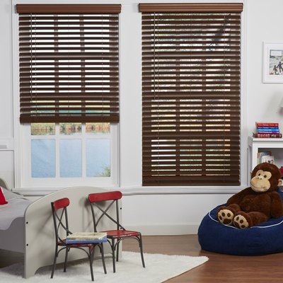 Horizontal faux wood blinds on windows in child's bedroom.