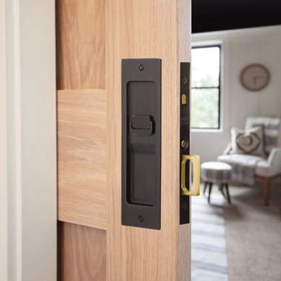 A wood pocket door with black hardware slightly opened