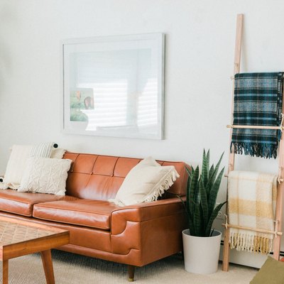 brown leather sofa in bright room