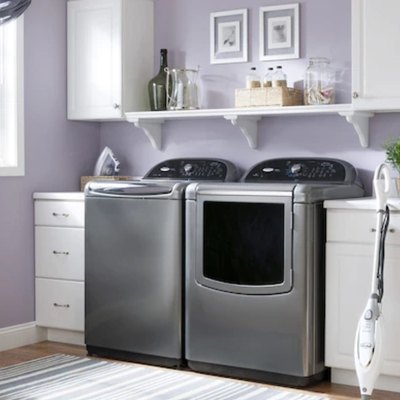 Whirlpool Cabrio Platinum Top-Loading Washer With Dryer in Lavender and White Laundry Room