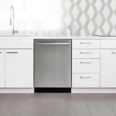 Bosch Stainless Steel Dishwasher in Gray and White Kitchen