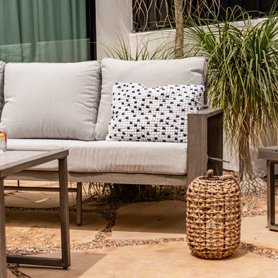 Patio with couch and coffee table