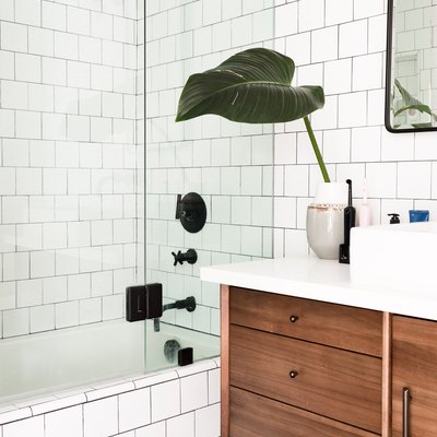 Tiled shower with plants in modern bathroom