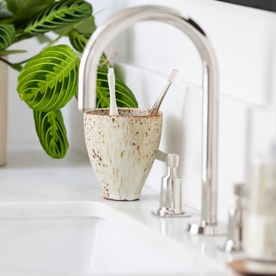 Sink on a vanity countertop with potted plant and ceramic cup with toothbrushes
