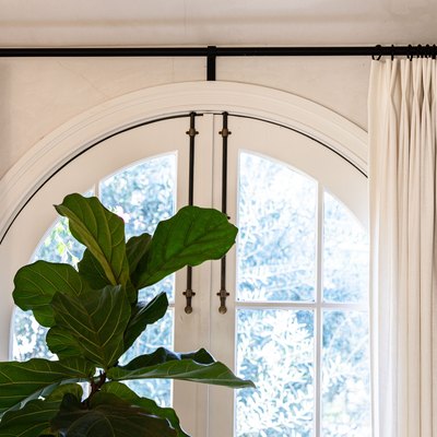 An arched window with white curtains and a tree plant