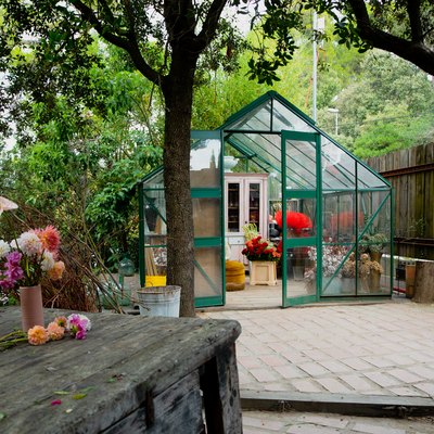 A green greenhouse in a backyard with a wood fence and wood dining table