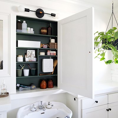 White walled bathroom with forest green medicine cabinet and hanging plant