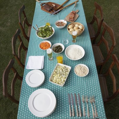 Picnic table set for dinner