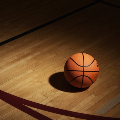 Basketball on basketball court, elevated view