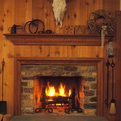 Fireplace and mantle in rustic western lodge