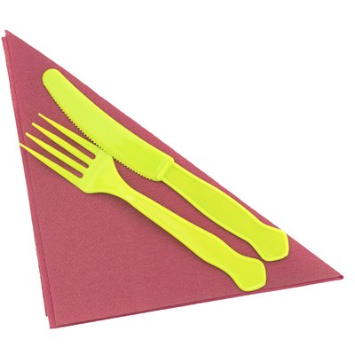 Bright green plastic knife and fork on red serviette, napkin.