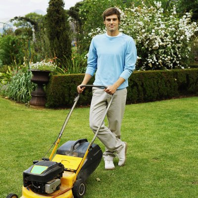Man mowing the lawn with a lawn mower